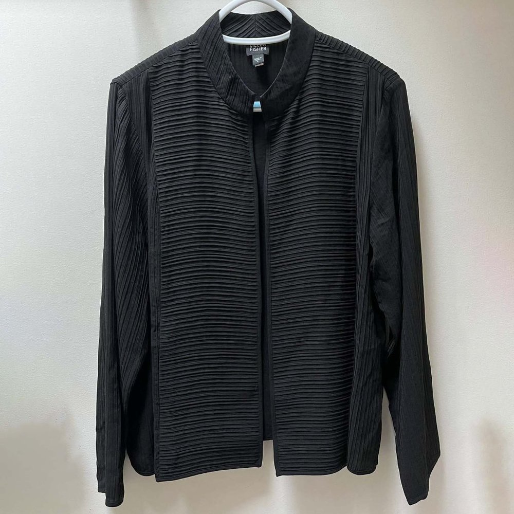 Eileen Fisher Pleated Open Cardigan Silk Black Size Large Texture